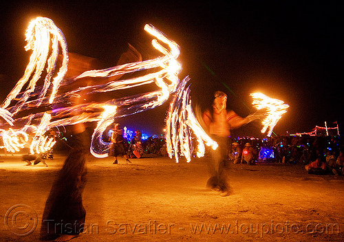 burning man - fire conclave - pyroklectic - azzah and wmd with the fire fans and dangermouse with fire sword, azzah, burning man at night, dangermouse, fire conclave, fire dancer, fire dancing, fire performer, fire spinning, night of the burn, pyroklectic, spinning fire, wmd