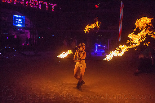 burning man - fire dancer with fire staff - megan, burning man at night, disorient, fire dancer, fire dancing, fire performer, fire spinning, fire staff, woman