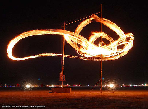 burning man - fire pendulum, art installation, burning man at night, chaotick, fire pendulum, larry breed