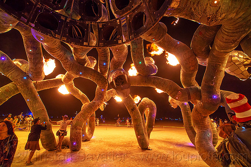 burning man - fire snakes - medusa madness, art installation, burning man at night, fire, medusa madness, sculpture, snakes