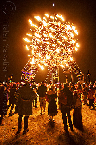 burning man - fire sphere - nexus camp, burning man at night, crowd, fire, nexus theme camp, pyrosphere, sculpture, sphere