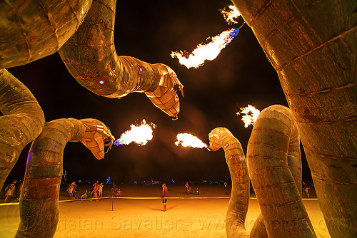 burning man - fire spitting snakes - medusa madness, art installation, burning man at night, fire, medusa madness, sculpture, snakes