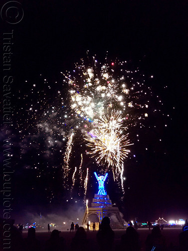 burning man - fireworks before the man's burn, burning man at night, fireworks, the man