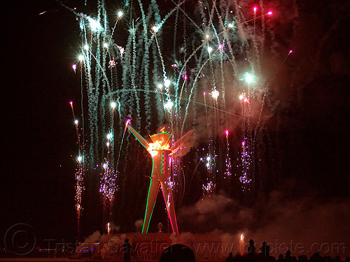 burning man - fireworks show as the man starts burning, burning man at night, fire, fireworks, night of the burn, pyrotechnics, the man