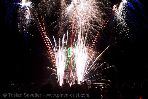 burning man - fireworks show before the man is burned, burning man at night, fire, fireworks, night of the burn, pyrotechnics, the man