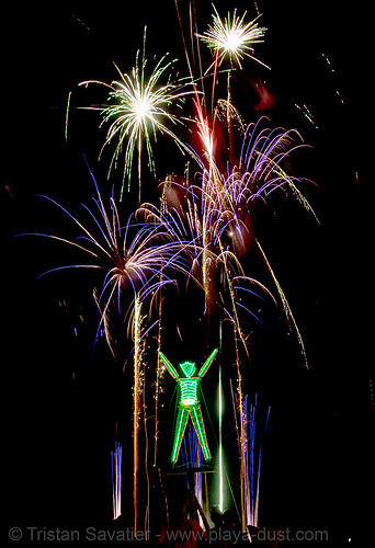 burning man - fireworks show before the man is burned, burning man at night, fire, fireworks, night of the burn, pyrotechnics, the man