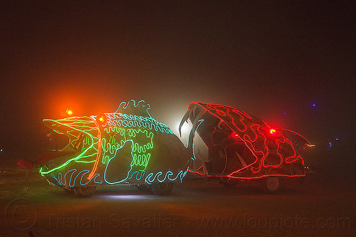 burning man - fish eats fish art car, baracuda art car, burning man art cars, burning man at night, dust storm, fish art car, fishes, glowing, mutant vehicles, playacuda, white out