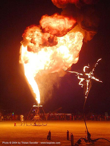 burning man - flame thrower, burning man at night, fire, flame thrower, flaming lotus