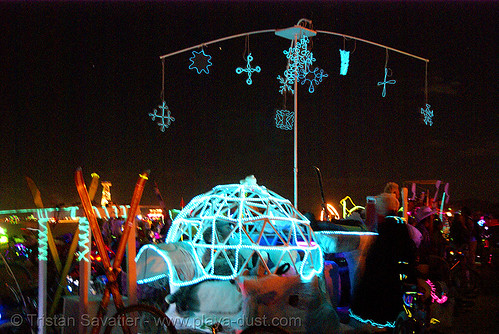 burning man - floe, from camp fimbulvinter, art car, burning man art cars, burning man at night, camp fimbulvinter, el-wire, electroluminescent wire, floe, glowing, igloo, mutant vehicles