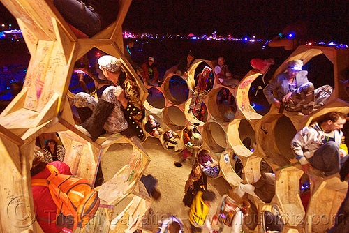 burning man - giant bee hive - the honey trap, alveoles, animus, bee hive, burning man at night, honey trap, sculpture