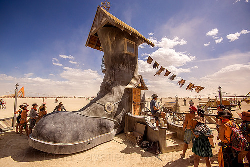 burning man - giant boot - storied haven, 5 ton crane, 5tc, art installation, boot, five ton crane, house, shoe, storied haven