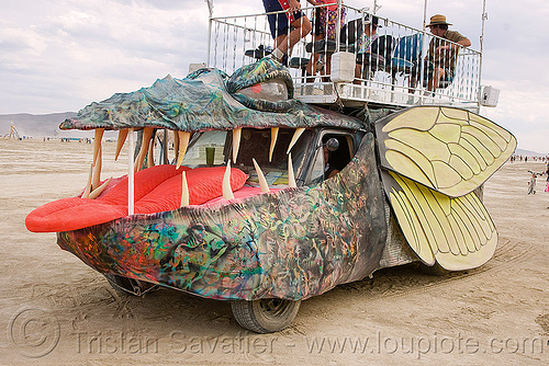 burning man - giant cicada art car, art car, barry costello, burning man art cars, giant cicada, mutant vehicles, shuttle bug, todd andrews
