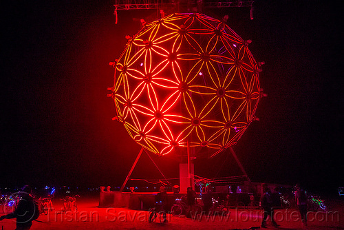burning man - giant glowing red ball, art installation, burning man at night, flower of life, geodesic, glowing, pattern, red, sphere, the ball
