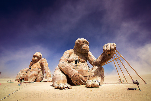 burning man - giant gorillas, ape, art installation, gorillas, sculpture, sitting