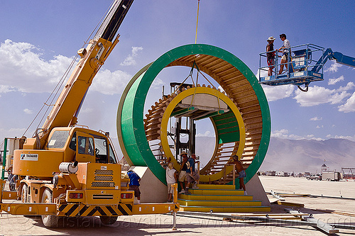 burning man - giant hamster wheel, geared, mayan tricycle, mayan trike, wood gears, wooden gears