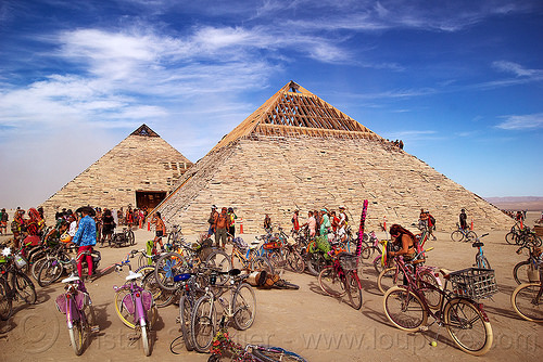 burning man - giant pyramids, art installation, bicycles, catacomb of veils, pyramids, sculpture