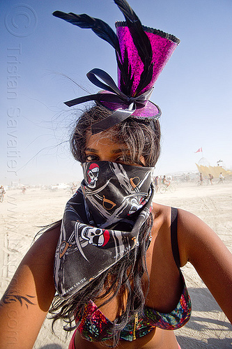 burning man - girl with purple cocktail hat in white out, attire, bandana, burning man outfit, cocktail hat, dust storm, face mask, goggles, purple hat, white out, woman