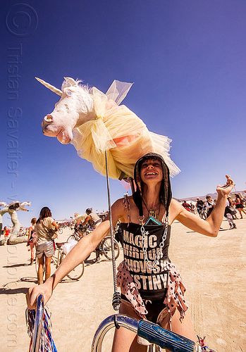 burning man - girl with unicorn, bicycle, chain, headdress, hood, riding, unicorn, woman