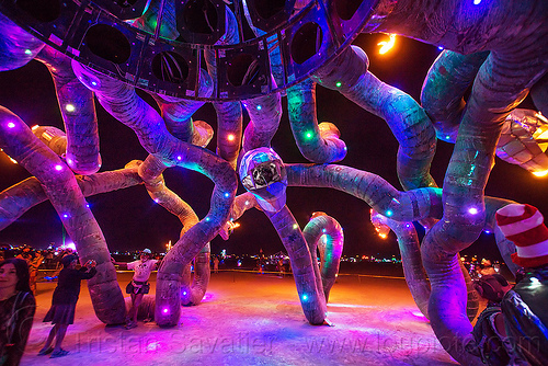 burning man - glowing snakes - medusa madness, art installation, burning man at night, glowing, led lights, medusa madness, sculpture, snakes