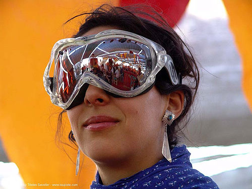 burning man - goggles with cool reflections, goggles, woman