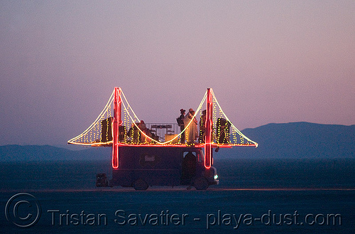 burning man - golden gate art car, art car, burning man art cars, dawn, golden gate bridge, mutant vehicles, suspension bridge