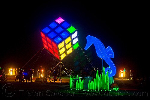 burning man - groovik's cube - giant rubik's cube and seahorse art car, art car, burning man art cars, burning man at night, groovik's cube, hippocampus, mutant vehicles, rubik cube, rubik's cube, seahorse