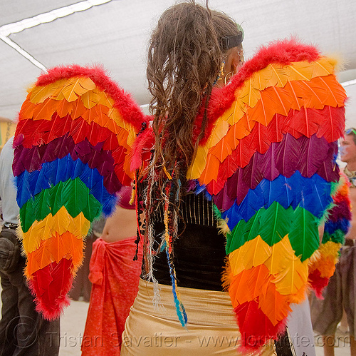 burning man - hannah the rainbow angel, angel wings, feathers, hannah, rainbow angel, rainbow colors, woman