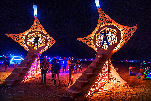 burning man - helios at night, art installation, burning man at night, glowing, helios