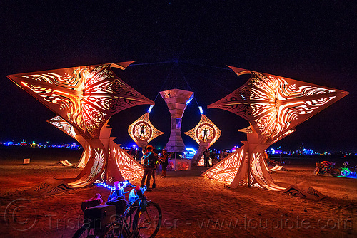 burning man - helios by kate raudenbush, art installation, burning man at night, glowing, helios