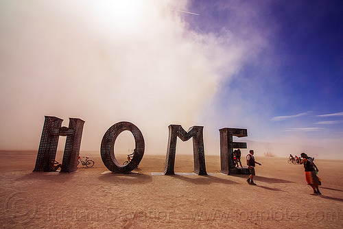 burning man - home - giant letters sculpture, @earth #home, art installation, big words, metal sculpture, steel