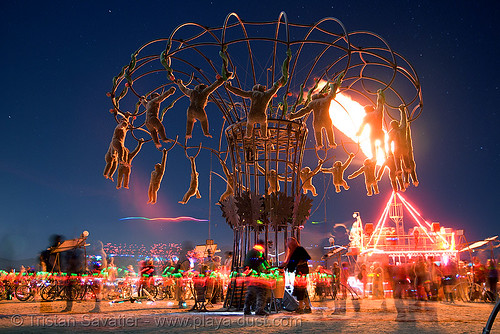 burning man - homouroboros, art installation, burning man at night, fire, monkey, strobe monkeys