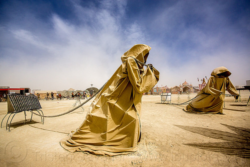 burning man - hooded figures pulling chains - well of darkness, art installation, cape, chain, hood, hooded, iron monkeys, pulling, sculpture, statue, well of darkness