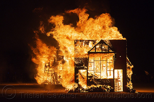 burning man - house on fire, art installation, bmcore2013, burning man at night, c.o.r.e., circle of regional effigies, fire, reno core project
