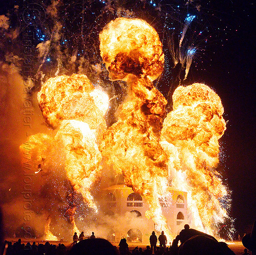 burning man - huge gas explosion - the man burns, backlight, bleve, burning man at night, environment, fire ball, fire mushroom, gasoline explosion, natural gas, night of the burn, petrol explosion, propane, pyrotechnics, silhouettes, the man
