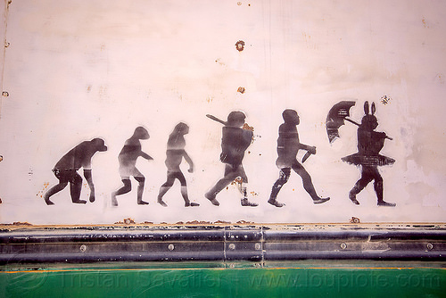 burning man - human evolution, ape, bunny, evolution, graffiti, human, paint, stencil, tutu, umbrella