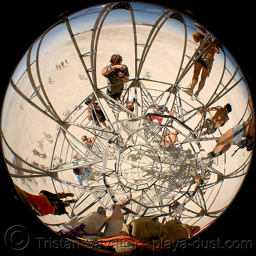 burning man - in the elevation tower, art installation, circular fisheye lens, climbing, elevation tower, interactive, michael christian, sculpture