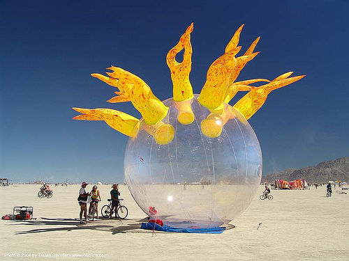 burning man - inflatable art with flames / fire, art installation, ball, fire, inflatable art