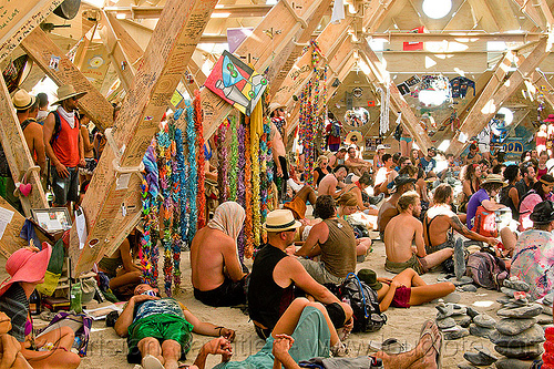 burning man - inside the temple of whollyness, burning man temple, contemplatiing, crowd, inside, interior, mementos, temple of whollyness