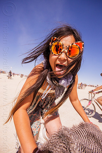 burning man - japanese girl with tiger orange mirror sunglasses, attire, burning man outfit, mirror sunglasses, nicole, sticking out tongue, sticking tongue out, tiger sunglasses, woman