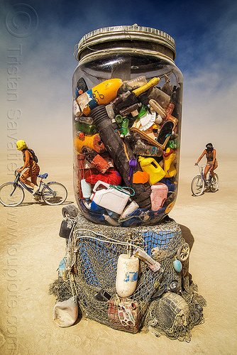 burning man - jar of ocean trash, art installation, giant jar, ocean trash, sculpture, single use plastics