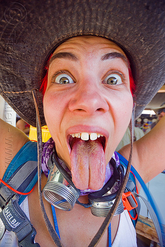 burning man - jess sticking out tongue, hat, jess, media mecca, sticking out tongue, sticking tongue out, woman