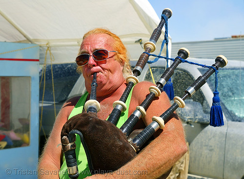 burning man - john plays bag-pipe, bag pipe, john, man