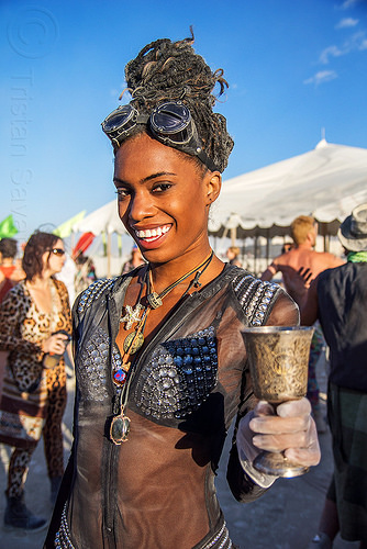 burning man - kayla, attire, burning man outfit, metal cup, woman