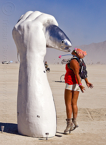 burning man - kissing the fish, arm, fish, fisherman, hand, jump, kiss, kissing, sculpture, woman