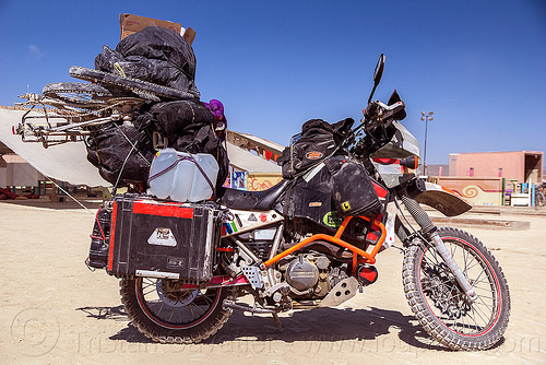 burning man - klr 650 motorbike, bags, bicycle, bike, dual-sport, kawasaki, klr 650, luggage, motorcycle touring, overloaded, panniers, tank bag, water bottles, water jug