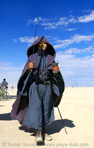 burning man - knight walking around the temple, attire, burning man outfit, chalice, hood, knight, mask, sword