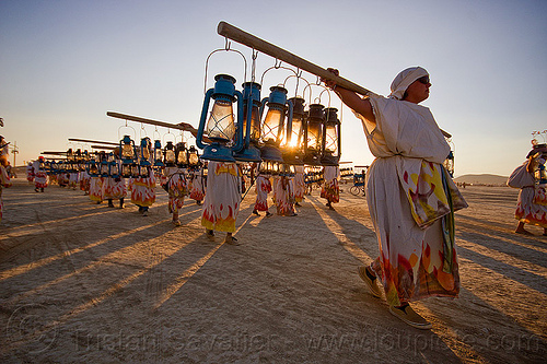 burning man - lamplighters, bearers, carrying, lamplighters, petrol lanterns, poles