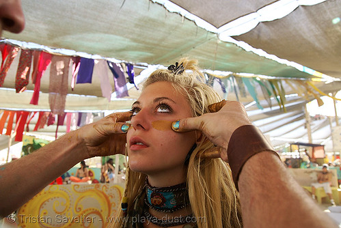 burning man - lark (or sophia?), face painting, facepaint, golden color, lark, makeup, woman