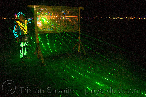 burning man - laser play, beam, burning man at night, glowing, green laser, split