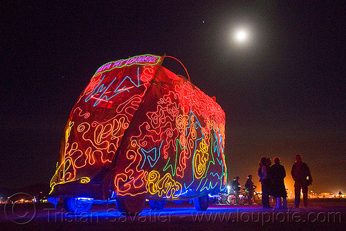 burning man - lava pit lounge art car under the moon, art car, burning man art cars, burning man at night, full moon, joanna jividen, larry mcmann, lava pit lounge, mutant vehicles